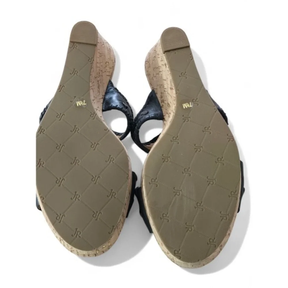 Jack Rogers Black‎ Leather Whipstitch Cork Wedge Sandals Gold Fleck 7.5M